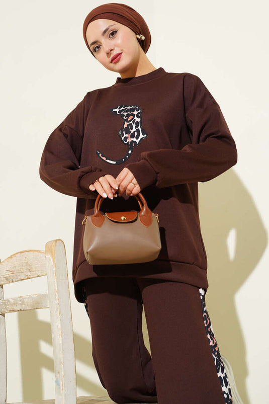 طقم غوص من قطعتين بنقشة جلد النمر، بني