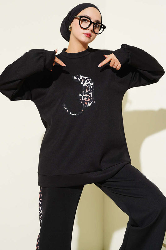 Leopar Figürlü Scuba İkili Takım Siyah