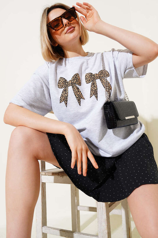 Leopard Bow Printed T-shirt Gray