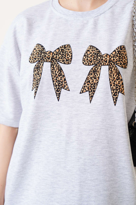Leopard Bow Printed T-shirt Gray