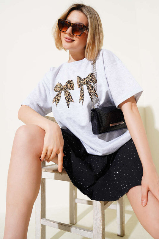 Leopard Bow Printed T-shirt Gray