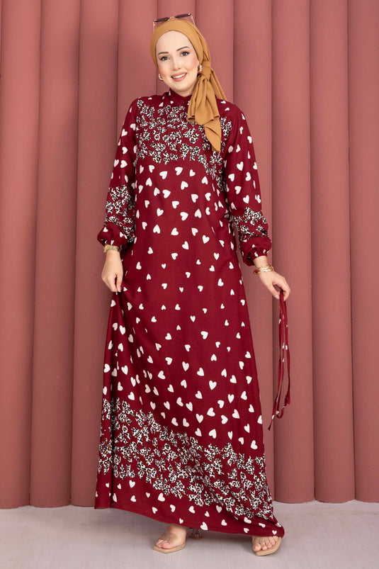 Leopar Fiyonk Desenli Kuşaklı Viscon Elbise Bordo