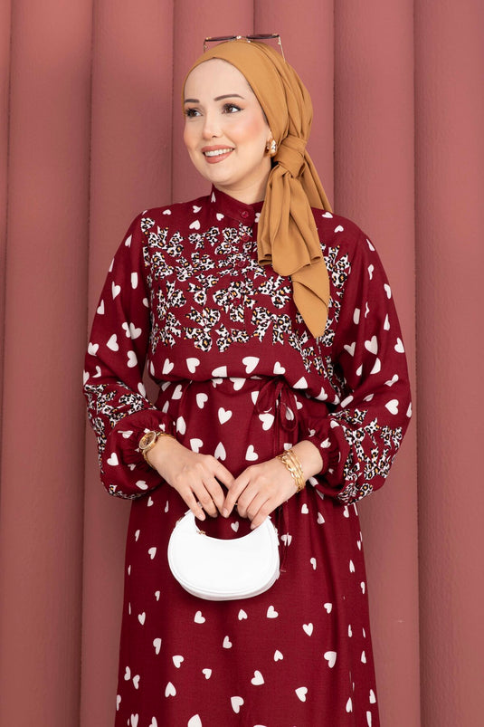 Leopar Fiyonk Desenli Kuşaklı Viscon Elbise Bordo