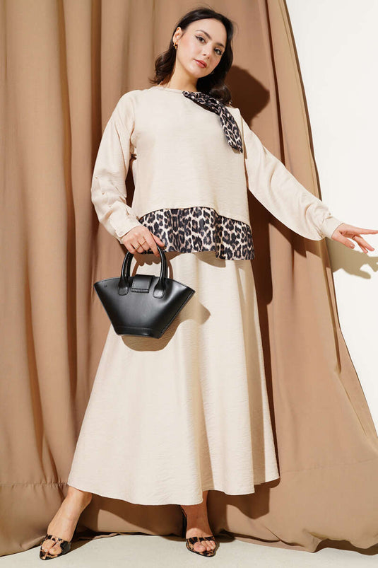 Ensemble deux pièces tunique léopard avec nœud beige