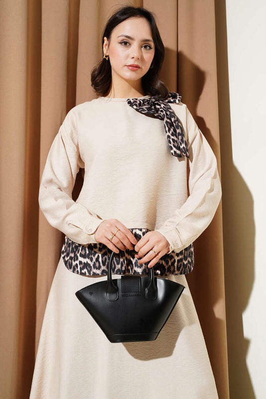 Ensemble deux pièces tunique léopard avec nœud beige