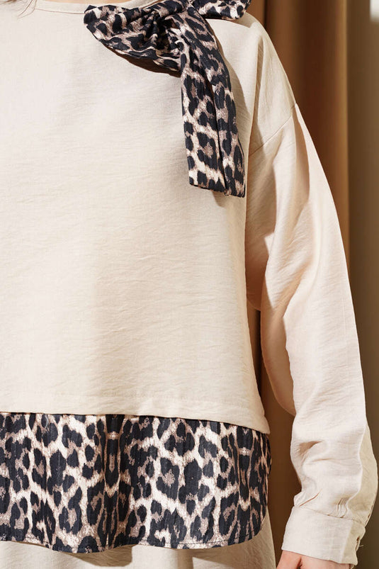 Ensemble deux pièces tunique léopard avec nœud beige
