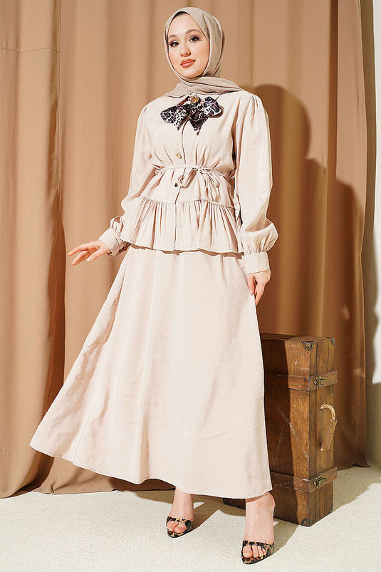 Ensemble Deux Pièces Jupe en Modal à Foulard Léopard Beige