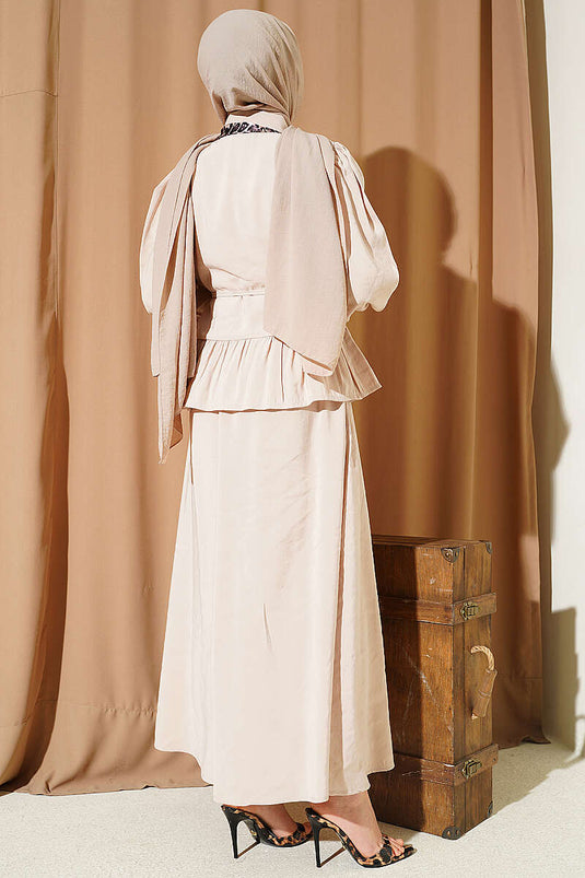 Ensemble Deux Pièces Jupe en Modal à Foulard Léopard Beige