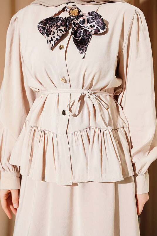 Ensemble Deux Pièces Jupe en Modal à Foulard Léopard Beige