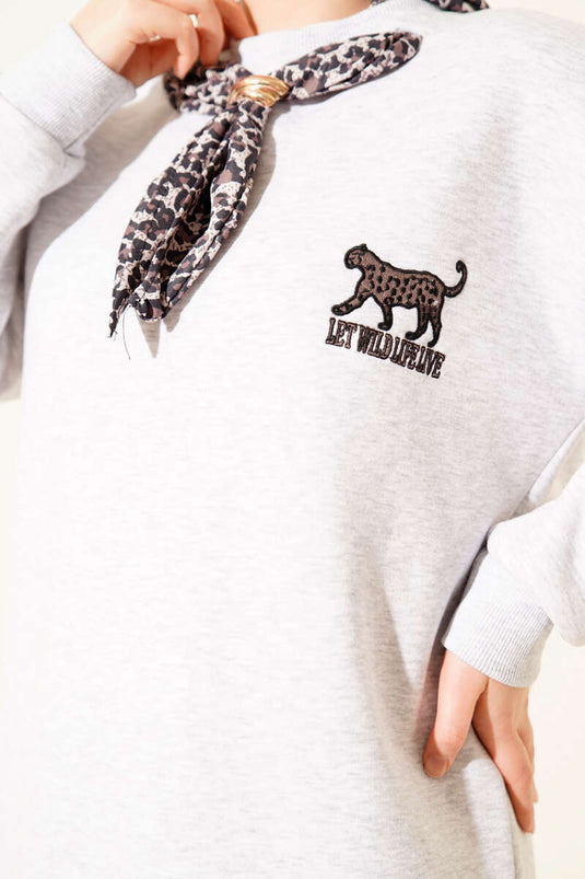 Leopar Fularlı Üç İplik Tunik Gri