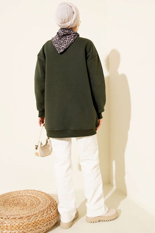 Leopar Fularlı Üç İplik Tunik Haki