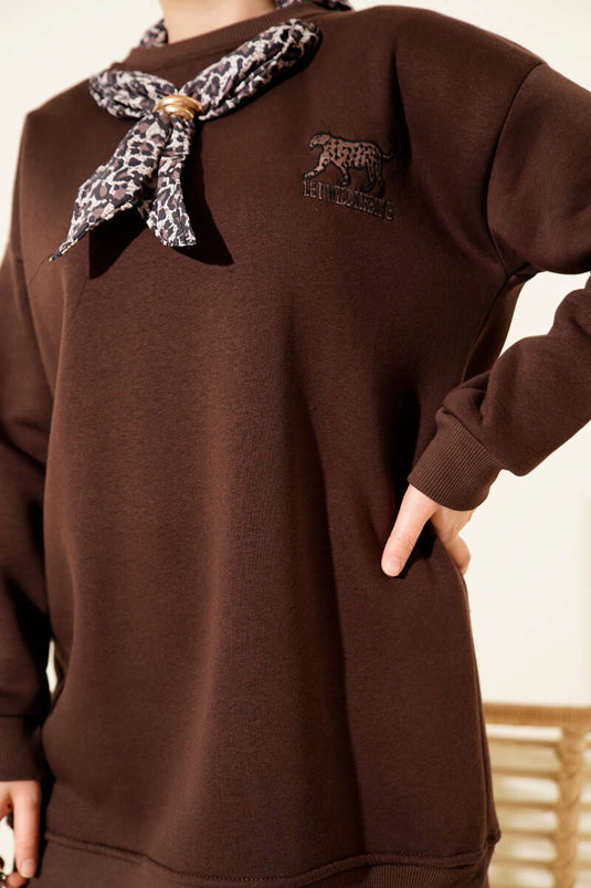 Leopar Fularlı Üç İplik Tunik Kahve
