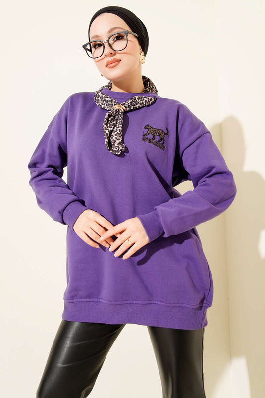 Leopar Fularlı Üç İplik Tunik Mor