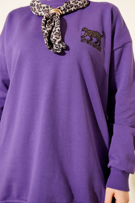 Leopar Fularlı Üç İplik Tunik Mor