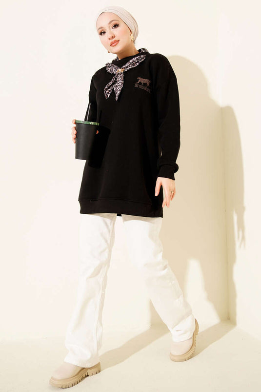 Leopar Fularlı Üç İplik Tunik Siyah