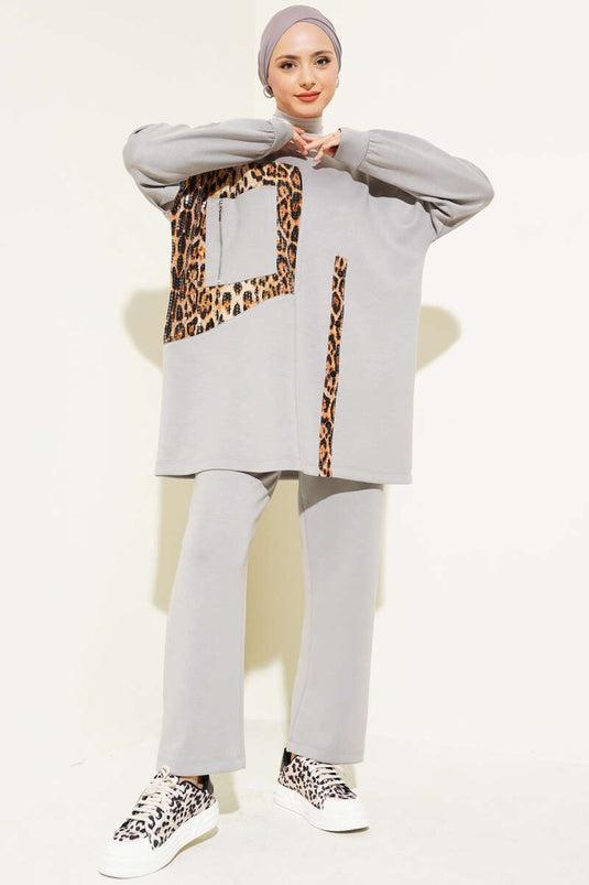 Costume Double Léopard Rayé Avec Poche Zippée Gris