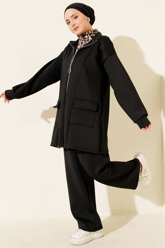 بدلة غوص من قطعتين بسحاب وطبعة جلد النمر، لون أسود، جملي