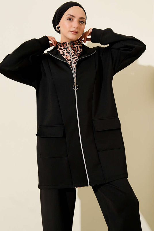 بدلة غوص من قطعتين بسحاب وطبعة جلد النمر، لون أسود، جملي