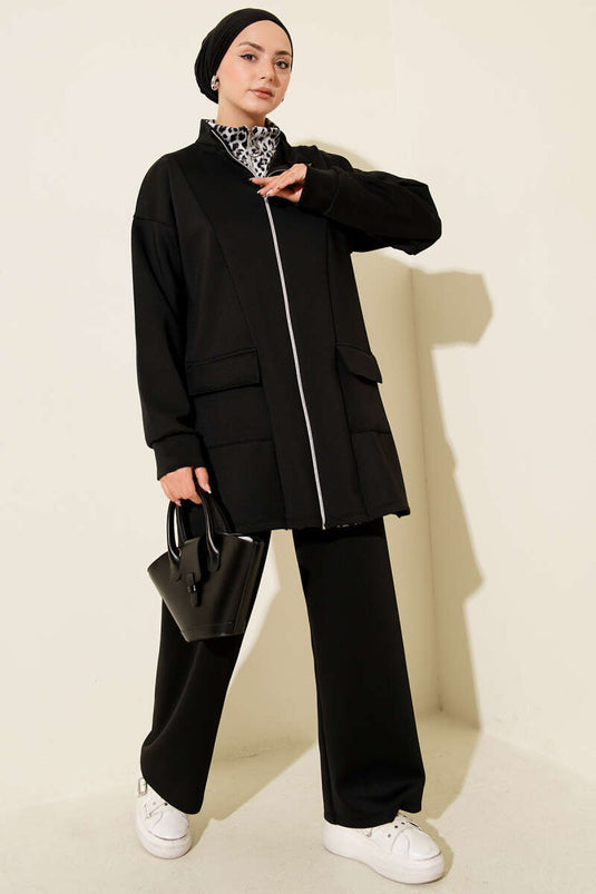 بدلة غوص من قطعتين بسحاب وطبعة جلد النمر باللون الأسود