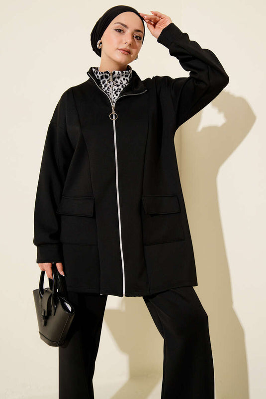 بدلة غوص من قطعتين بسحاب وطبعة جلد النمر باللون الأسود