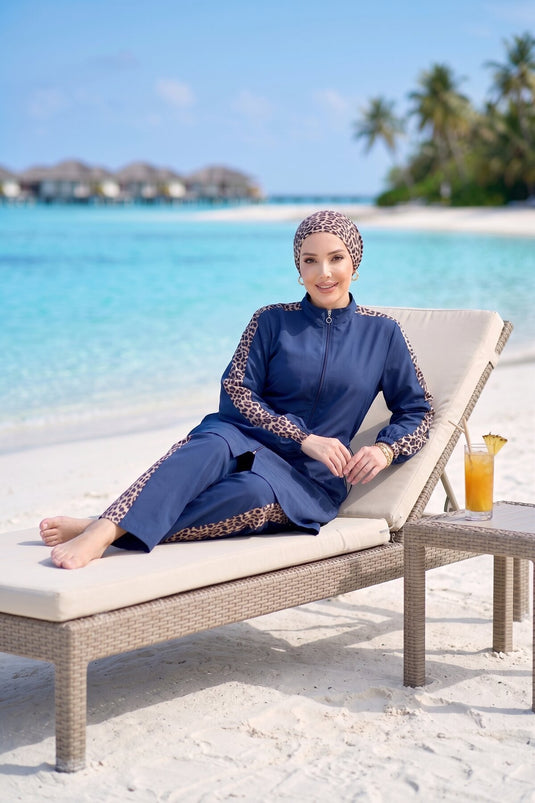 Leopard Pattern Zippered Modest Swimwear Three-Piece Set Navy Blue