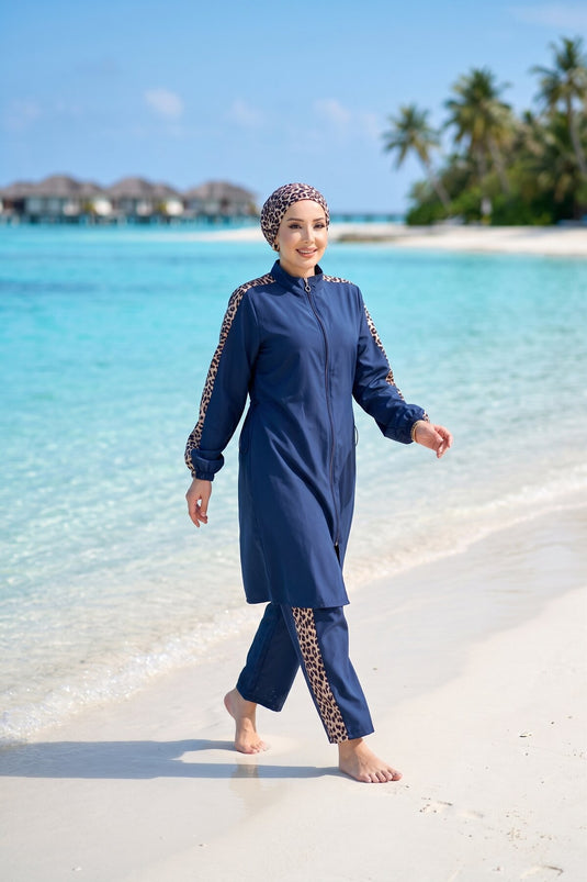Leopard Pattern Zippered Modest Swimwear Three-Piece Set Navy Blue