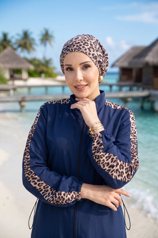 Leopard Pattern Zippered Modest Swimwear Three-Piece Set Navy Blue