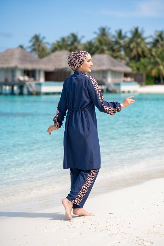 Leopard Pattern Zippered Modest Swimwear Three-Piece Set Navy Blue