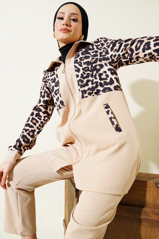 Leopard Print Cardigan Two-Piece Set, Beige