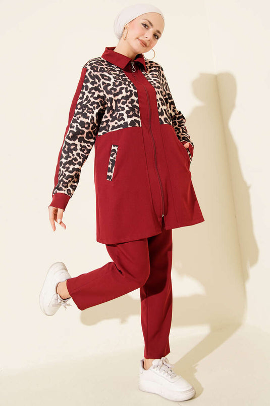 Leopar Garnili Hırkalı İkili Takım Bordo