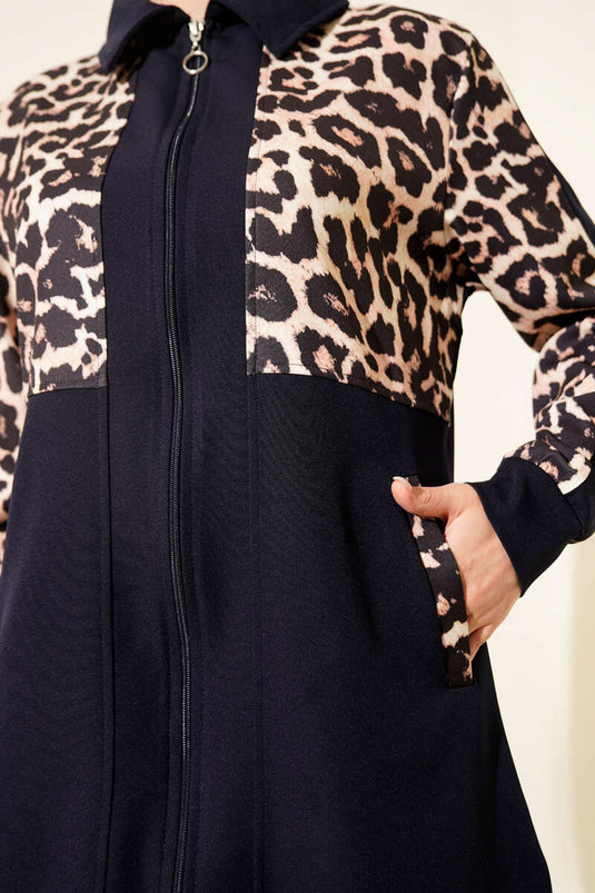 Ensemble double avec cardigan à motif léopard Bleu marine