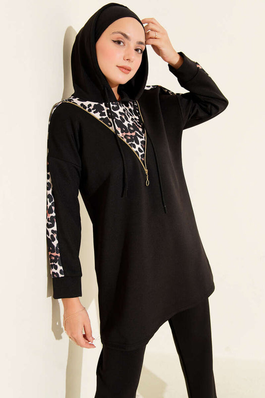 Leopar Garnili Kapşonlu İkili Takım Siyah