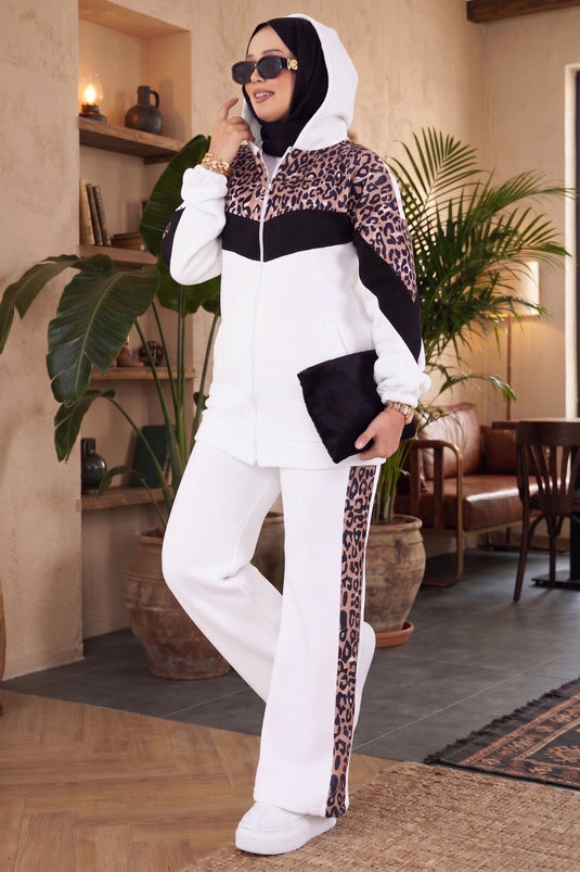 Conjunto Con Capucha De Punto Leopardo En Crudo