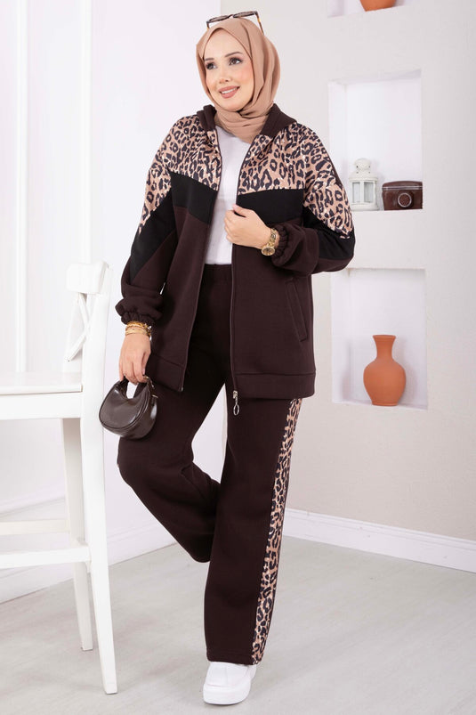 Leopard Knit Hoodie Set In Brown
