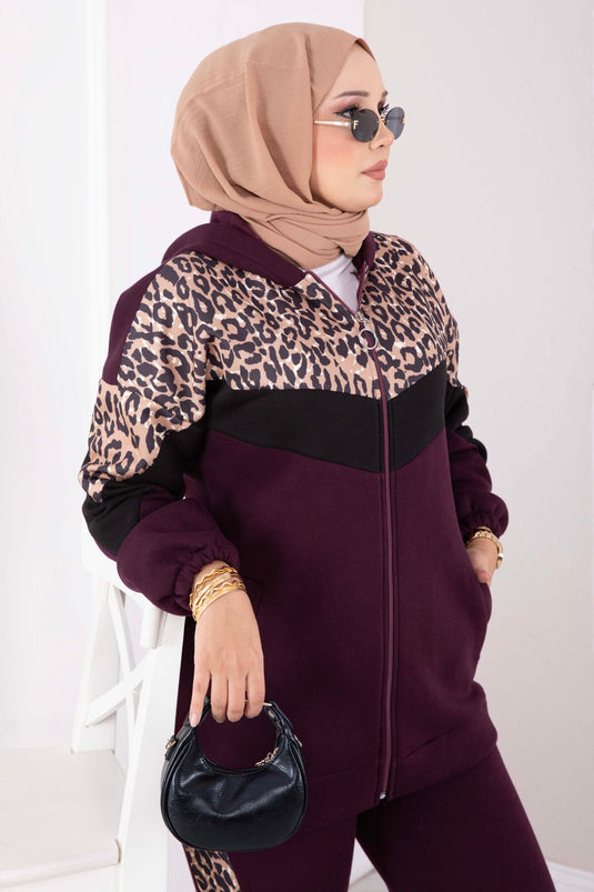 Luipaard Gebreide Hoodie Set In Paars