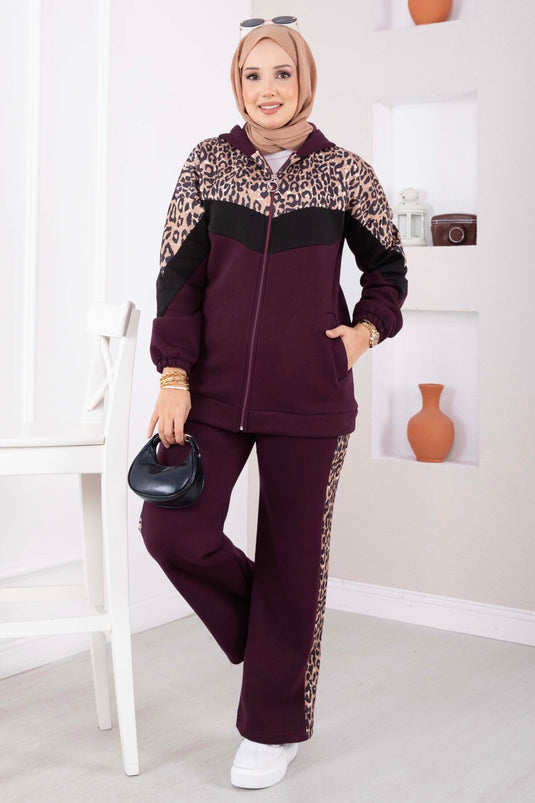 Completo Con Cappuccio In Maglia Leopardo Color Malva