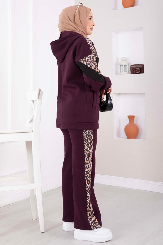 Conjunto Con Capucha De Punto Leopardo En Malva