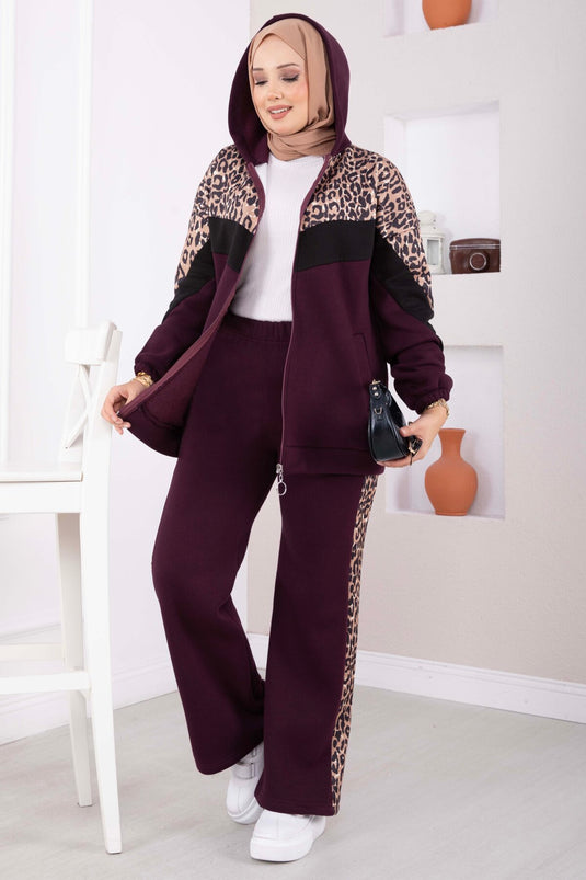 Luipaard Gebreide Hoodie Set In Paars