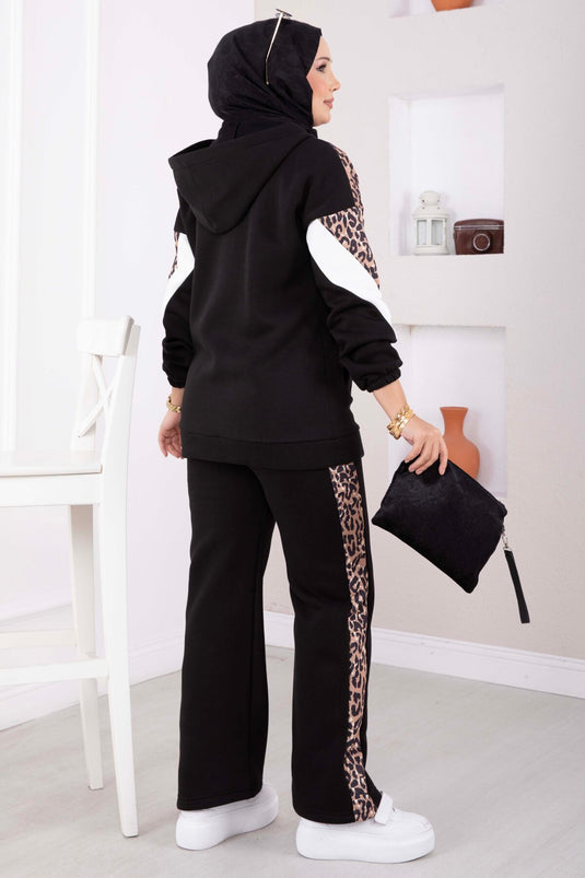 Leopard Strick Hoodie Set In Schwarz