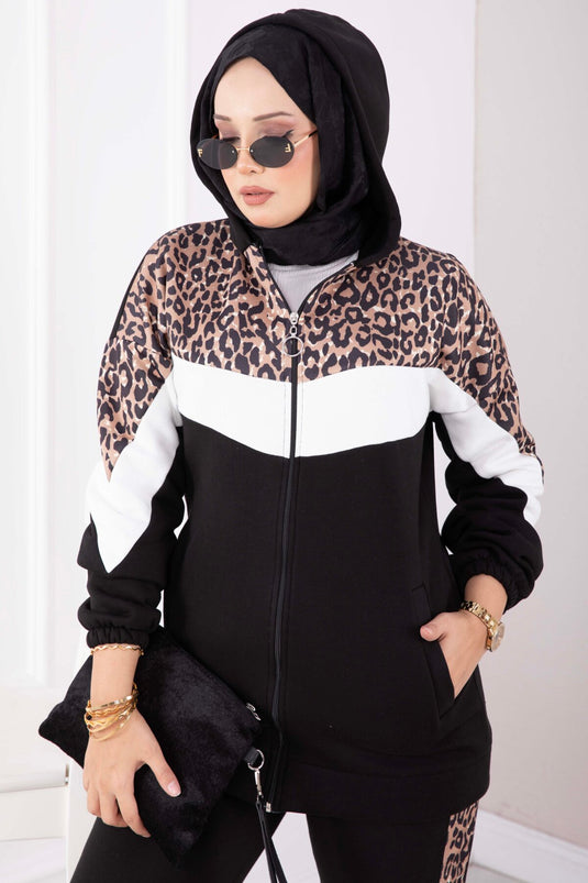 Leopard Strick Hoodie Set In Schwarz