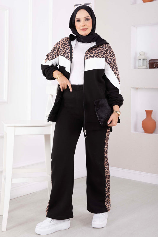 Leopard Strick Hoodie Set In Schwarz