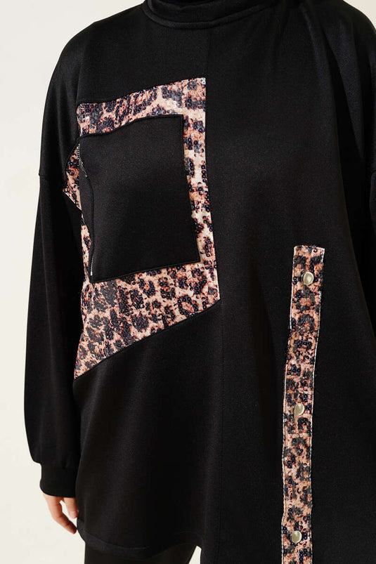 بدلة مزدوجة مطرزة بطبعة الفهد باللون الأسود