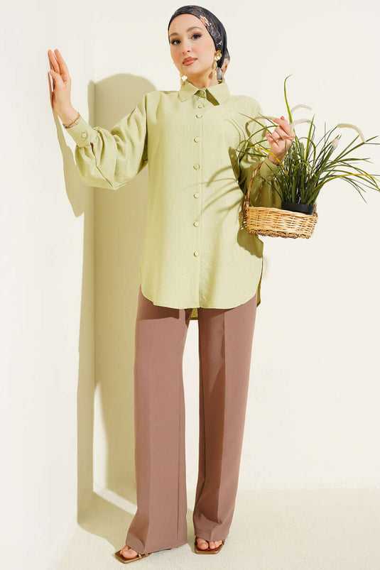 Leopard Jacquard Balloon Sleeve Shirt in Pistachio Green