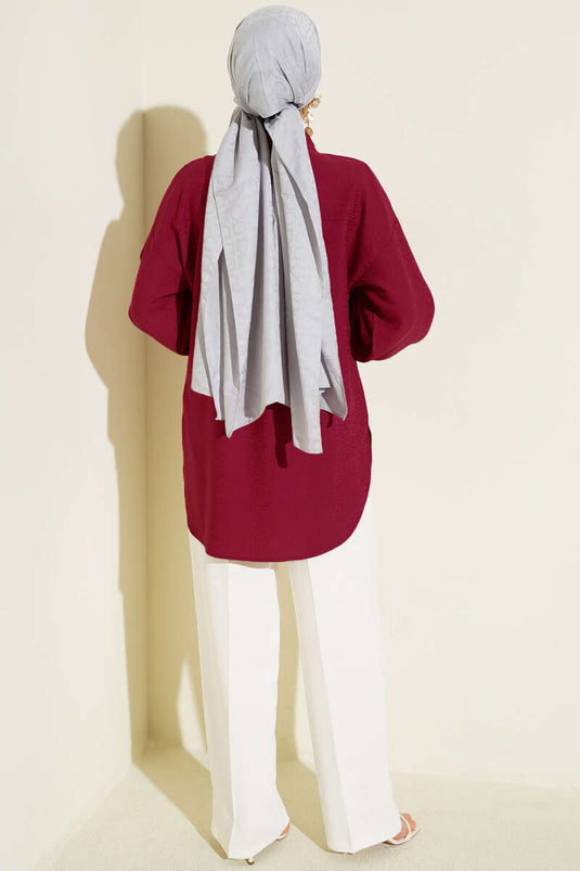 Leopard Jacquard Balloon Sleeve Shirt Plum