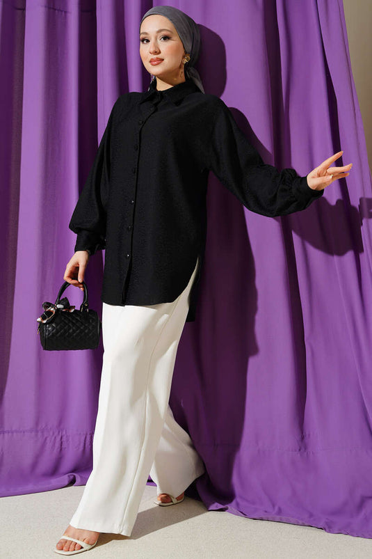 Leopard Jacquard Balloon Sleeve Shirt Black