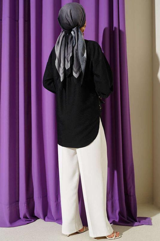 Leopard Jacquard Balloon Sleeve Shirt Black