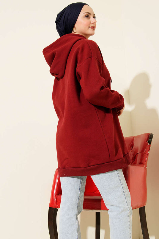 Leopar Kurdele Baskılı Üç İplik Sweatshirt Bordo