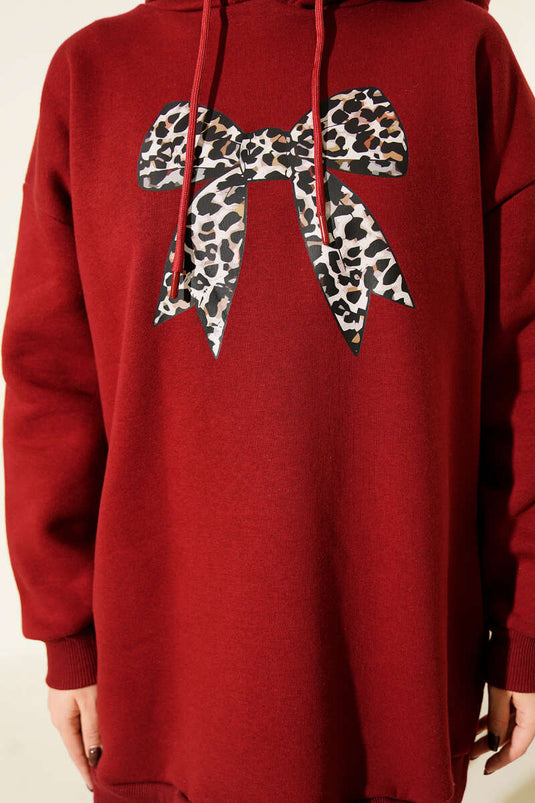 Leopar Kurdele Baskılı Üç İplik Sweatshirt Bordo