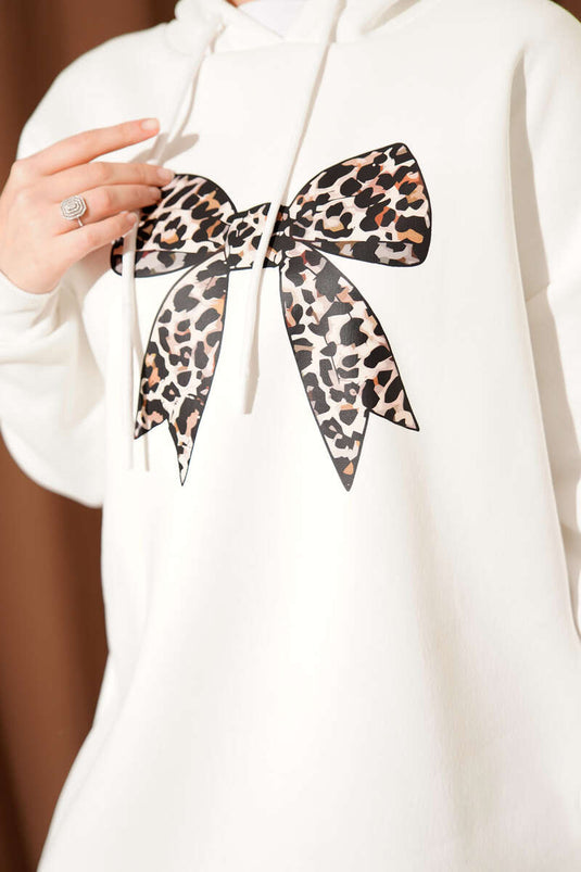 Leopar Kurdele Baskılı Üç İplik Sweatshirt Ekru