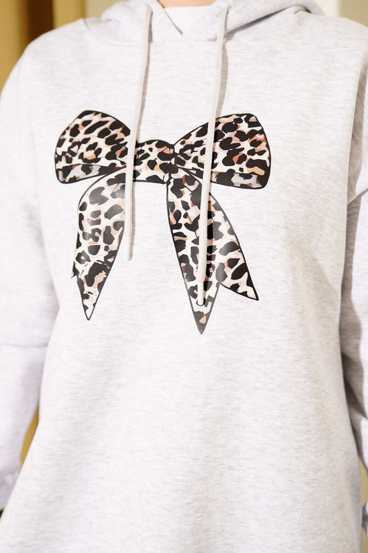 Leopar Kurdele Baskılı Üç İplik Sweatshirt Gri